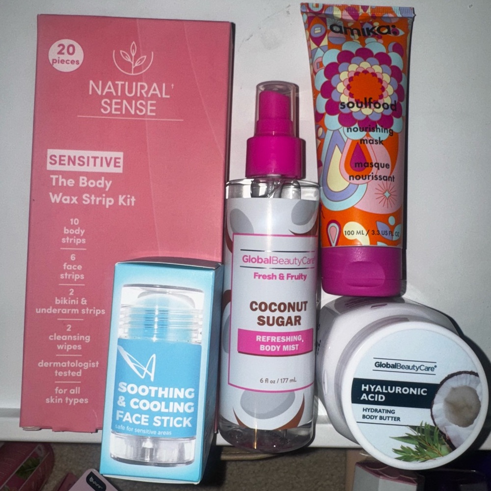 All NIB; Wax Strip, Moisturizer, Amika's, Mmask Coconut Sugar Body Mist - Pink